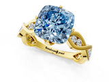 Yellow gold Fancy Blue Cushion  Solitaire Twist Band with Leaf Prong Setting 2