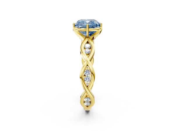 Yellow Gold Cushion Cut Accented Twist Engagement Ring Setting for Fancy Blue Center