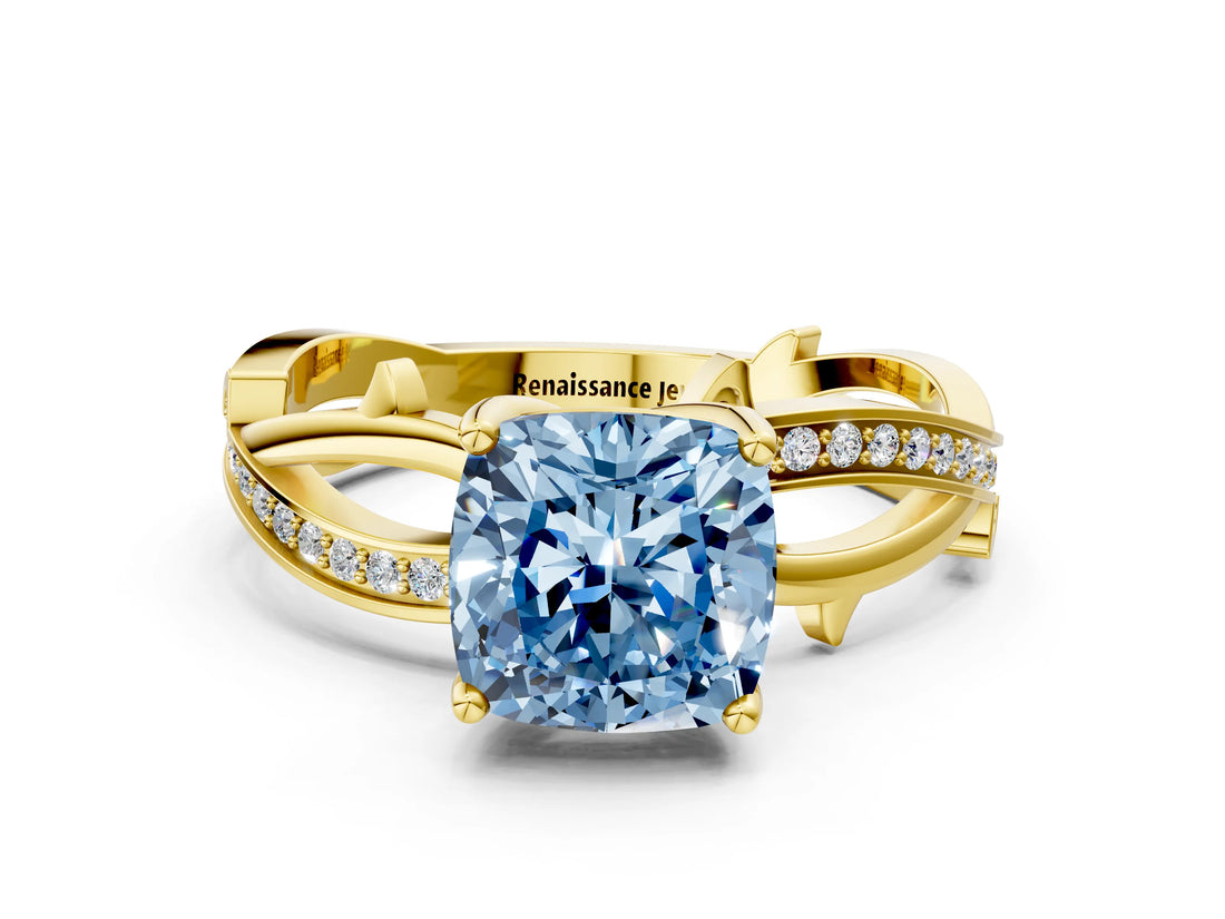 Yellow gold Fancy Blue Cushion  Solitaire Twist Band with Pavé Accents and Four-Prong Setting_20
