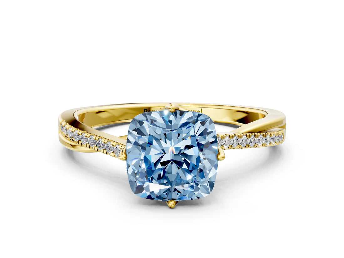 Yellow gold Fancy Blue Cushion  Solitaire Twist Band with Pavé Diamonds and Four-Prong Setting_84