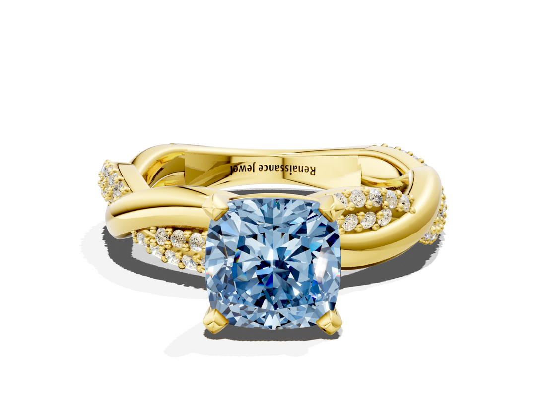 Yellow gold Fancy Blue Cushion  Solitaire Twist Band with Pave Prong Setting_47