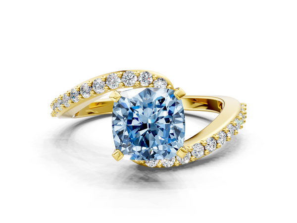 Yellow gold Fancy Blue Cushion  Solitaire Twist Band with Pave Set Diamonds and Four-Prong Setting