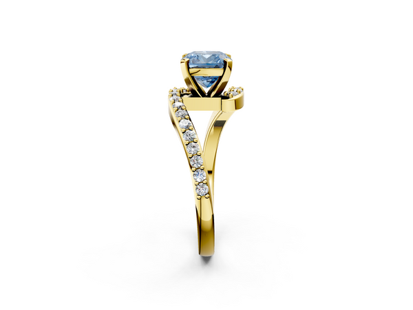 Yellow gold Fancy Blue Cushion  Solitaire Twist Band with Pave Set Diamonds and Four-Prong Setting