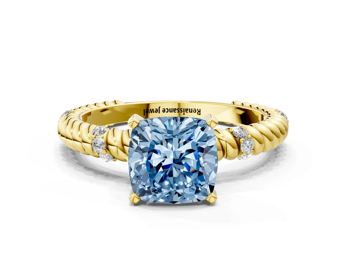 Yellow gold Fancy Blue Cushion  Solitaire Twisted Band Prong Set Engagement Ring_60