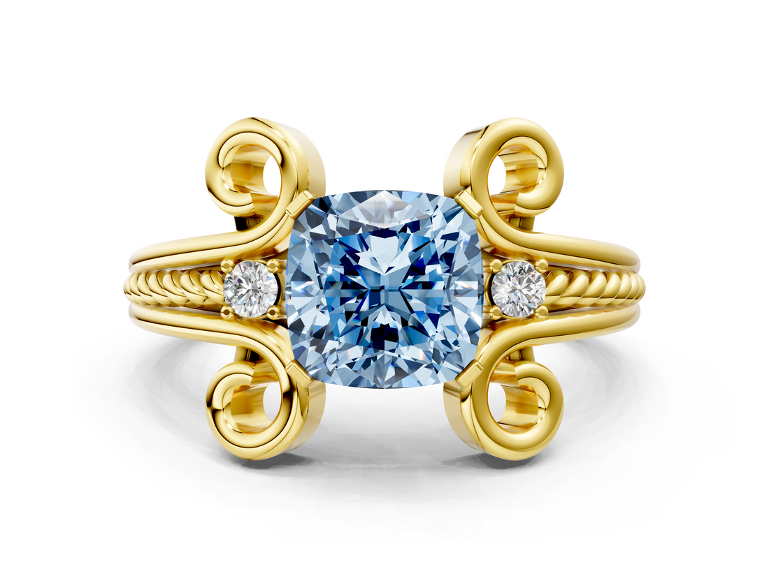 Yellow gold Fancy Blue Cushion  Solitaire Twisted Band Scroll Prong Ring_3