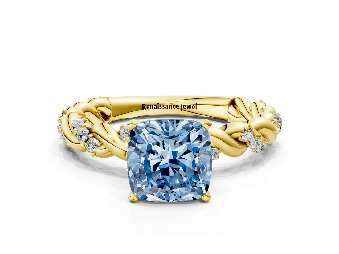 Yellow gold Fancy Blue Cushion  Solitaire Twisted Band with Pavé Accents and Four-Prong Setting_3