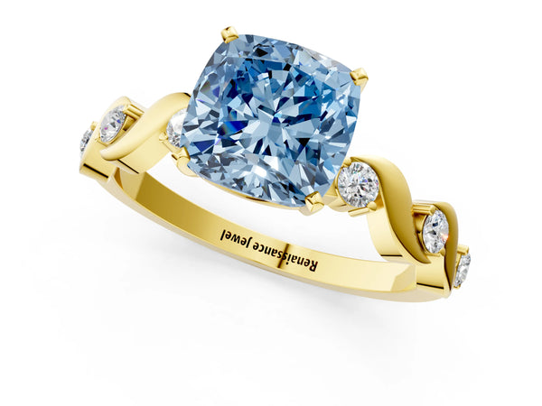 Yellow Gold Cushion Cut Ribbon Twist Engagement Ring Setting for Fancy Blue Center