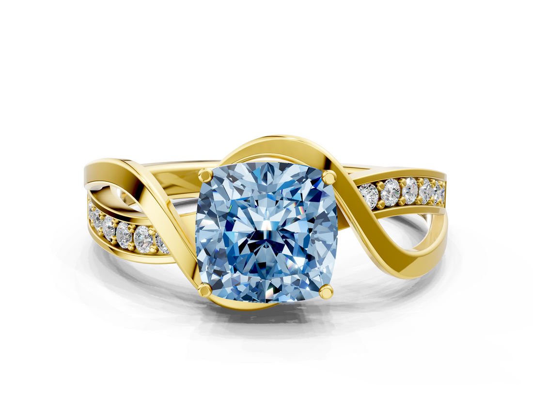 Yellow gold Fancy Blue Cushion  Solitaire Twisted Band with Prong Setting_3
