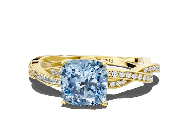 Yellow gold Fancy Blue Cushion  Solitaire Twisted Pave Diamond Ring with Four-Prong Setting