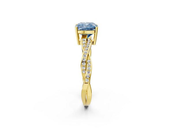 Yellow gold Fancy Blue Cushion  Solitaire Twisted Pave Diamond Ring with Four-Prong Setting