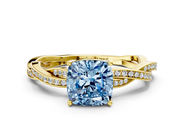 Yellow gold Fancy Blue Cushion  Solitaire Twisted Pave Diamond Ring with Four-Prong Setting