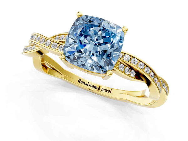 Yellow gold Fancy Blue Cushion  Solitaire Twisted Pave Diamond Ring with Four-Prong Setting