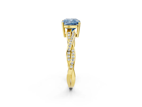 Yellow gold Fancy Blue Cushion  Solitaire Twisted Pave Diamond Ring with Four-Prong Setting