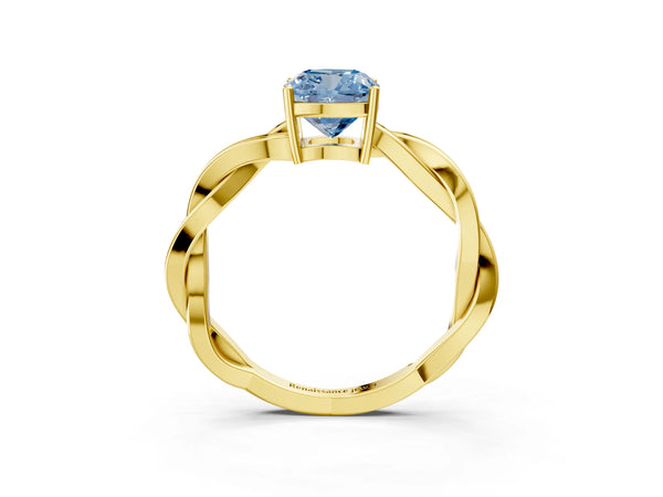Yellow gold Fancy Blue Cushion  Solitaire Twisted Pave Diamond Ring with Four-Prong Setting