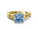 Yellow gold Fancy Blue Cushion  Solitaire Vine Band with Milgrain Prong Setting_3