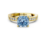 Yellow gold Fancy Blue Cushion  Solitaire with Pavé Band and Four-Prong Setting_312