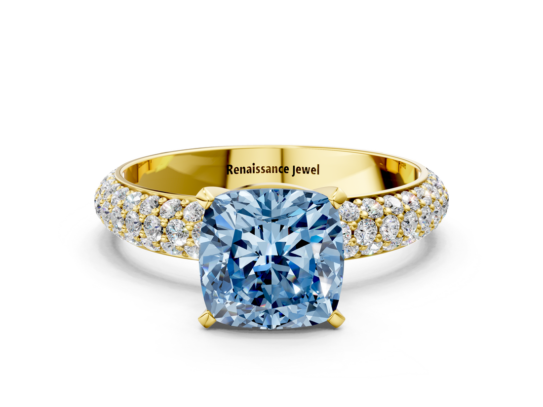 Yellow gold Fancy Blue Cushion  Solitaire with Pave Band and Four-Prong Setting_3