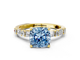 Yellow gold Fancy Blue Cushion  Solitaire with Side Baguettes and Channel Set Band_76