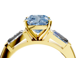 Yellow gold Fancy Blue Cushion  Solitaire with Tapered Baguette Side Stones on a Classic Band with Four-Prong Setting_91