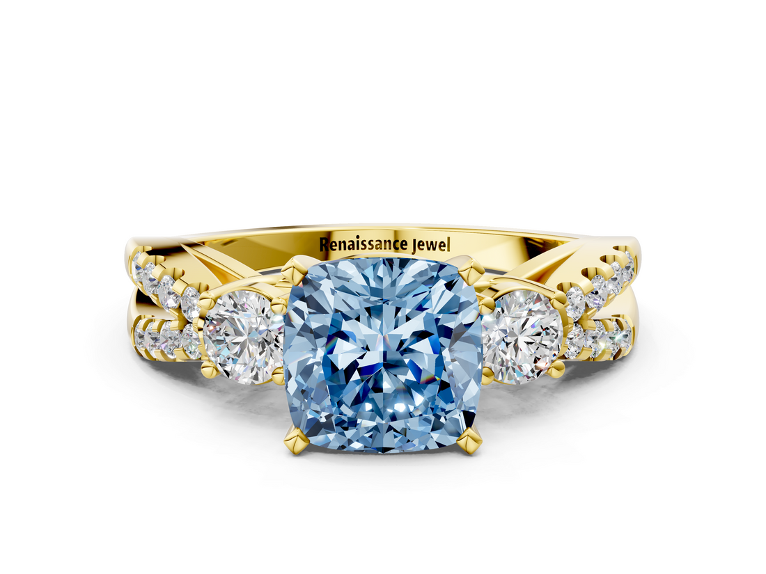 Yellow gold Fancy Blue Cushion  Three-Stone Diamond Ring with Pavé Split Shank and Four-Prong Setting_45