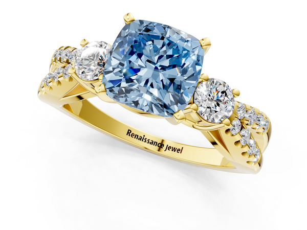 Yellow gold Fancy Blue Cushion Cut Diamond Three-Stone Ring with Pavé Split Shank and Four-Prong Setting