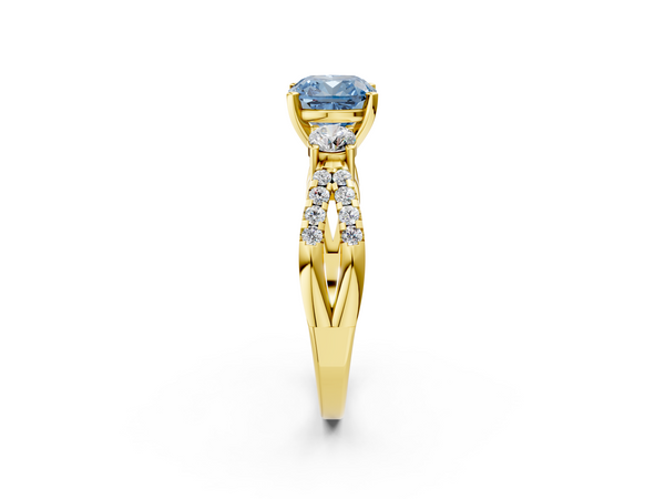 Yellow gold Fancy Blue Cushion Cut Diamond Three-Stone Ring with Pavé Split Shank and Four-Prong Setting