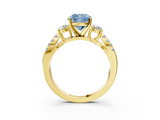 Yellow gold Fancy Blue Cushion  Three-Stone Diamond Ring with Pavé Split Shank and Four-Prong Setting_48