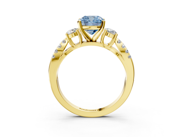 Yellow gold Fancy Blue Cushion Cut Diamond Three-Stone Ring with Pavé Split Shank and Four-Prong Setting