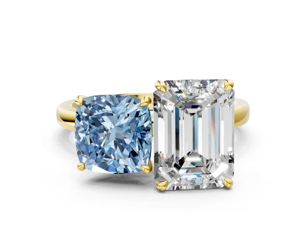 Yellow gold Fancy Blue Cushion  and Emerald Cut Toi Moi Ring with Prong Setting