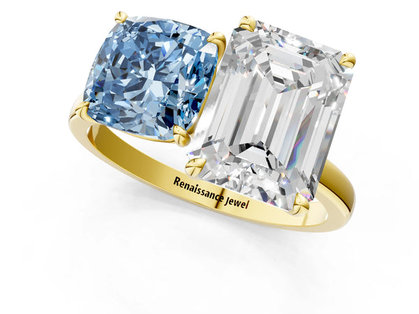 Yellow gold Fancy Blue Cushion  and Emerald Cut Toi Moi Ring with Prong Setting