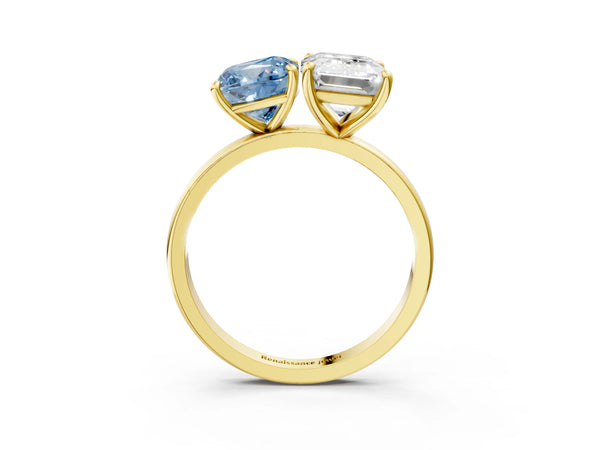 Yellow gold Fancy Blue Cushion  and Emerald Cut Toi Moi Ring with Prong Setting
