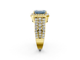 Yellow gold Fancy Blue Emerald -Cut Halo Diamond Ring with Split Shank and Four-Prong Setting_126