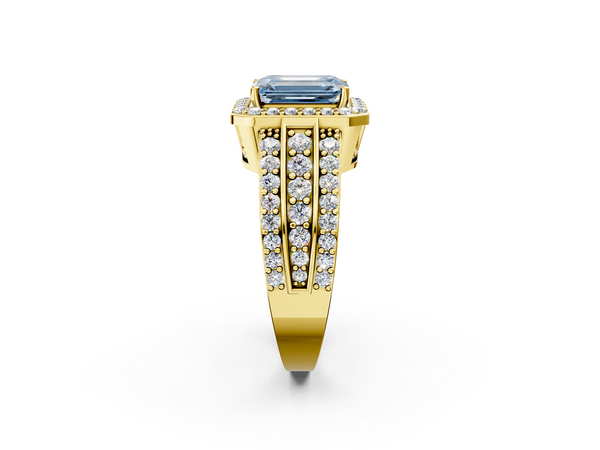 Yellow Gold Emerald Cut Triple-Row Pave Halo Engagement Ring Setting for Fancy Blue Center