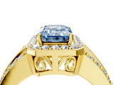 Yellow gold Fancy Blue Emerald -Cut Halo Diamond Ring with Split Shank and Four-Prong Setting_128