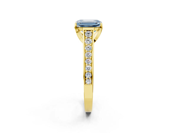 Yellow gold Fancy Blue Emerald  Brilliant Cut Diamond Engagement Ring with Pavé Band and Four-Prong Setting