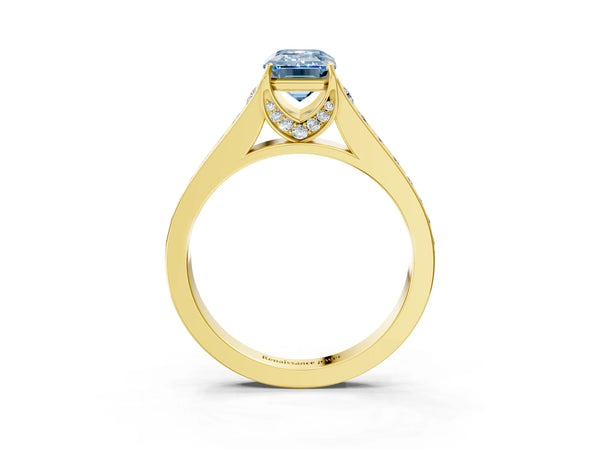 Yellow gold Fancy Blue Emerald  Brilliant Cut Diamond Engagement Ring with Pavé Band and Four-Prong Setting