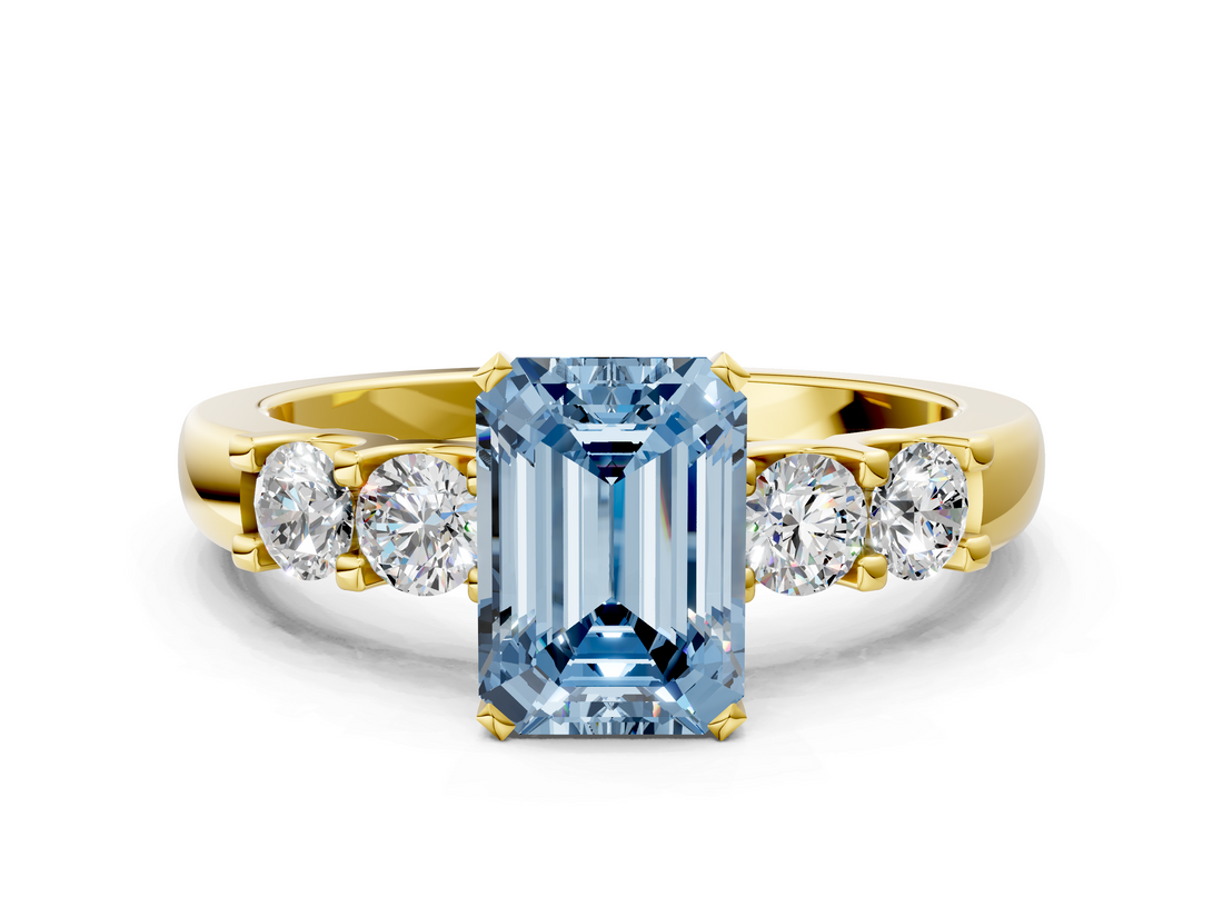 Yellow gold Fancy Blue Emerald  Brilliant Cut Diamond Five-Stone Prong Set Engagement Ring with Channel Band_3