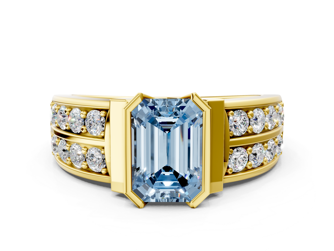 Yellow gold Fancy Blue Emerald  Brilliant Diamond Channel Set Wide Band Ring with Bezel Setting_20