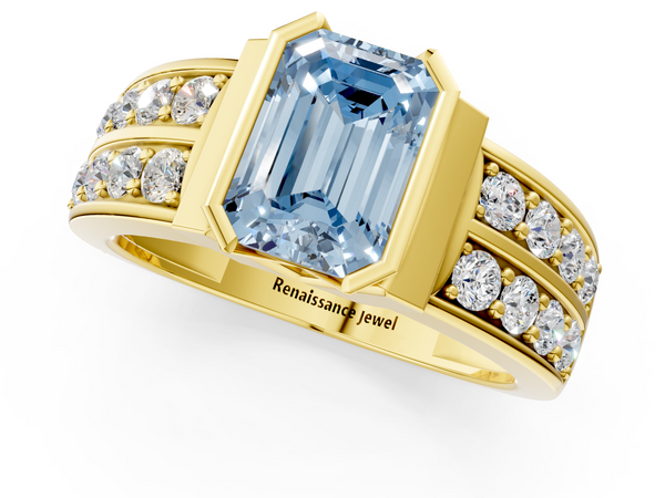 Yellow gold Fancy Blue Emerald  Brilliant Diamond Channel Set Wide Band Ring with Bezel Setting