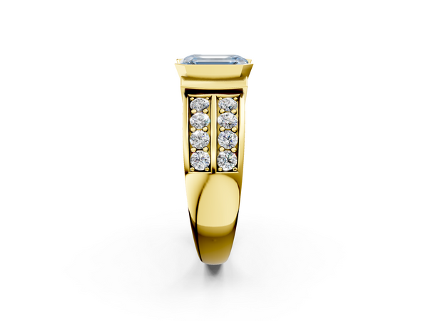 Yellow gold Fancy Blue Emerald  Brilliant Diamond Channel Set Wide Band Ring with Bezel Setting
