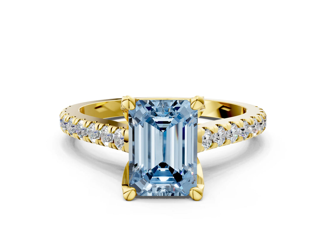 Yellow gold Fancy Blue Emerald  Brilliant Diamond Solitaire with Pavé Band and Four-Prong Setting
