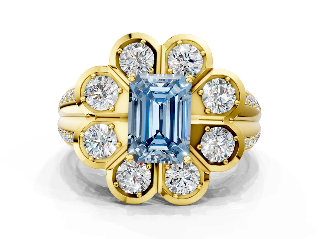 Yellow gold Fancy Blue Emerald  Brilliant Flower Halo Diamond Split Shank Ring_45