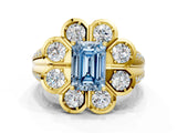 Yellow gold Fancy Blue Emerald  Brilliant Flower Halo Diamond Split Shank Ring_45
