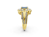 Yellow gold Fancy Blue Emerald  Brilliant Flower Halo Diamond Split Shank Ring_47