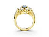 Yellow gold Fancy Blue Emerald  Brilliant Flower Halo Diamond Split Shank Ring_48