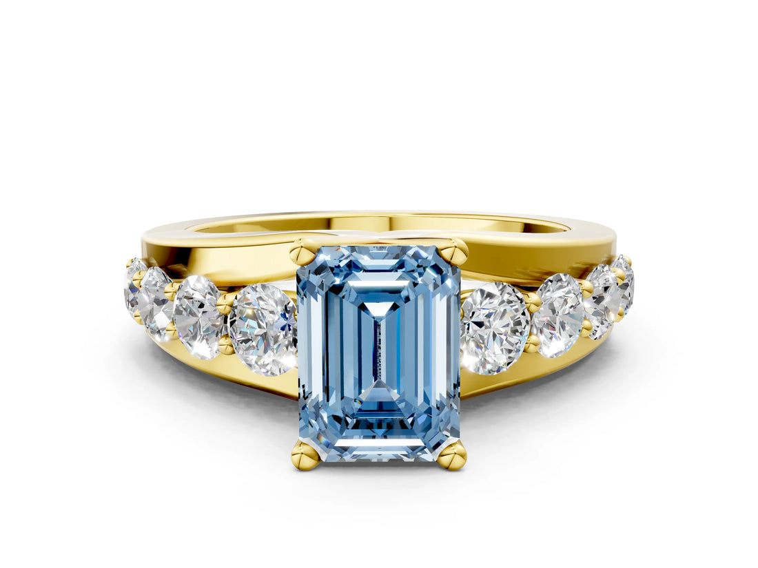 Yellow gold Fancy Blue Emerald  Brilliant Solitaire with Side Stones on a Pave Band and Four-Prong Setting_24