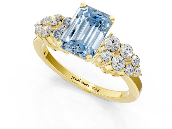 Yellow gold Fancy Blue Emerald  Cluster Diamond Engagement Ring with Pavé Band and Four-Prong Setting