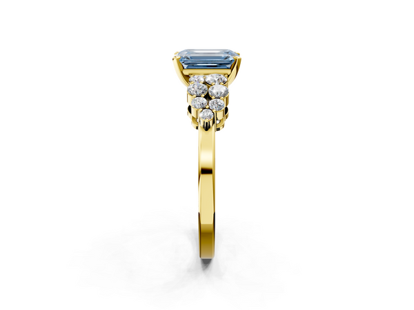 Yellow gold Fancy Blue Emerald  Cluster Diamond Engagement Ring with Pavé Band and Four-Prong Setting