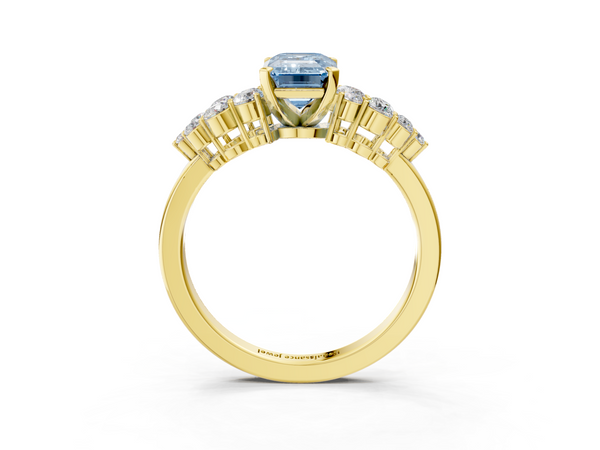 Yellow gold Fancy Blue Emerald  Cluster Diamond Engagement Ring with Pavé Band and Four-Prong Setting