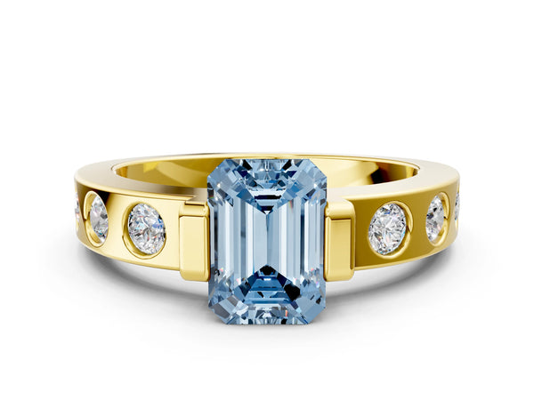 Yellow gold Fancy Blue Emerald Cut Brilliant Channel-Set Diamond Ring with Bezel Prong Setting